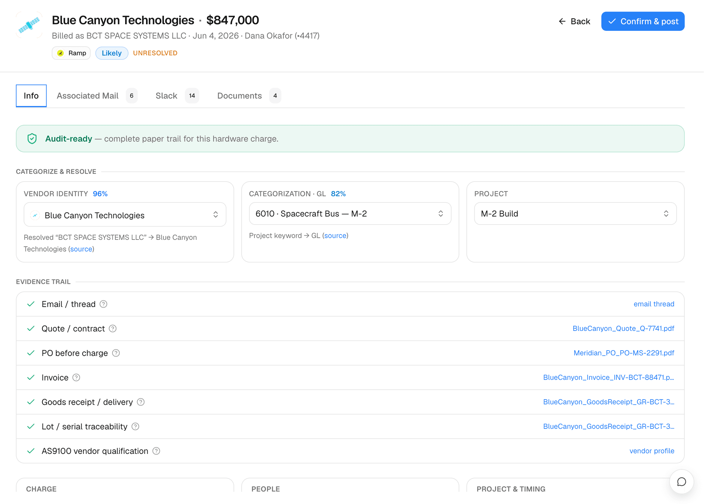 A transaction matched to project records and its complete evidence trail